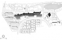 a) Groer Kurfrst, b) Reihenhuser, c) Winkelhofhuser, d) Grnanlage und Spielplatz, e) Hochhaus mit Altenwohnungen,